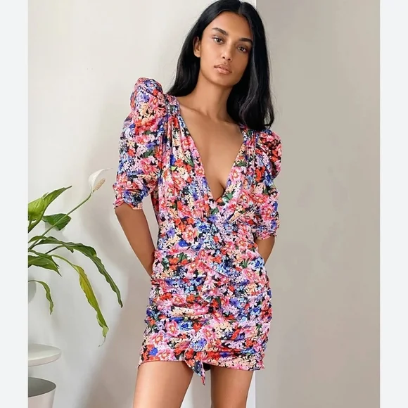 for Love & Lemons Bouquet Floral Deep V-neck Ruffle Puff Sleeve Mini Dress Sz M - Picture 5 of 16